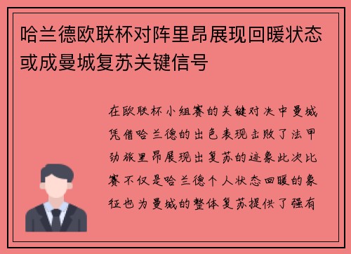 哈兰德欧联杯对阵里昂展现回暖状态或成曼城复苏关键信号 哈兰德欧联杯对阵里昂展现回暖状态或成曼城复苏关键信号
